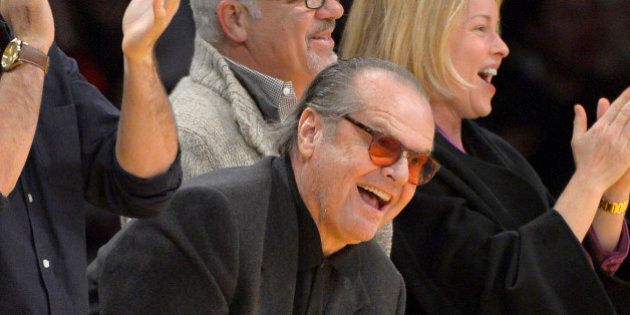 Actor Jack Nicholson watches the Los Angeles Lakers play the Denver Nuggets during the second half of their NBA basketball game, Sunday, Jan. 6, 2013, in Los Angeles. The Nuggets won 112-105. (AP Photo/Mark J. Terrill)