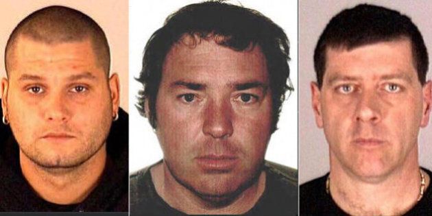 These images provided by Interpol show Yves Denis, 35, left, Serge Pomerleau, 49, center and Denis Lefebvre, 53, in undated police handout photos. The three inmates, who escaped a jail near Quebec City by helicopter on June 7, were arrested Sunday June 22, 2014, at a home in Montreal, Quebec provincial police said. (AP Photo/Interpol)