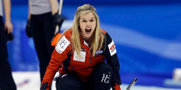 Canada's skip Jennifer Jones yells as the team plays Russia during the fourth end of their semifinal match at the women's World Curling Championships in Sapporo, northern Japan, Saturday, March 21, 2015. (AP Photo/Shizuo Kambayashi)