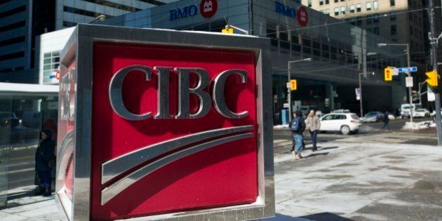 TORONTO, ON - FEBRUARY 25: A CIBC logo sits kitty corner across from the BMO complex at King and Bay Streets in Toronto's financial district. (Chris So/Toronto Star via Getty Images)