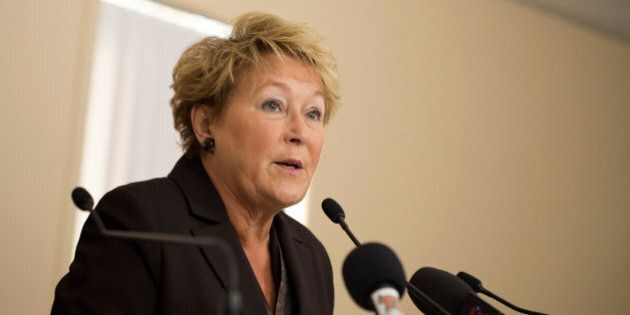 L'ISLE-VERTE, QC - JANUARY 26: Quebec Premier Pauline Marois speaks at a press conference in L'Isle-Verte, Quebec near the site of the Residence du Havre fire. January 26, 2014. (Randy Risling/Toronto Star via Getty Images)