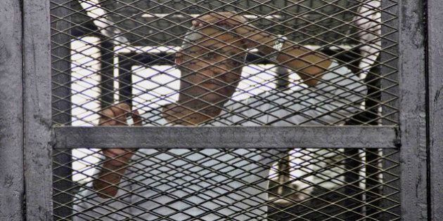 Canadian-Egyptian acting Al-Jazeera bureau chief Mohammed Fahmy appears in a defendant's cage in a courthouse near Tora prison along with other defendants during a trial on terror charges in Cairo, Egypt, Saturday, May 3, 2014. Fahmy made a rare appeal to the judge from outside of the defendants' cage, at the end of which the judge wished him a
