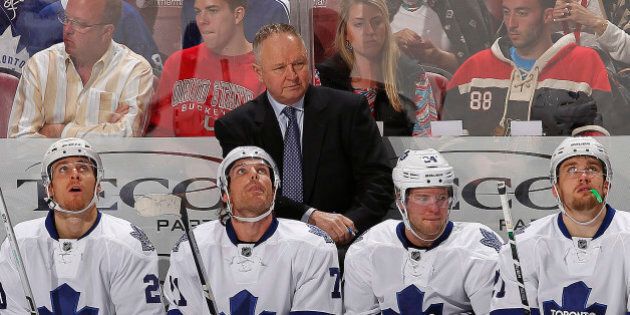 SUNRISE, FL - DECEMBER 28: Head Coach Randy Carlyle of the Toronto Maple Leafs watches the action from the bench during the game against the Florida Panthers at the BB&T Center on December 28, 2014 in Sunrise, Florida. (Photo by Eliot J. Schechter/NHLI via Getty Images)