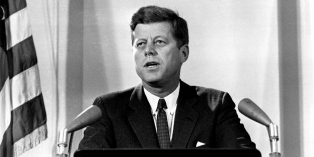 U.S. President John F. Kennedy reports to the nation on the status of the Cuban crisis from Washington, D.C. on Nov. 2, 1962. He told radio and television listeners that Soviet missile bases