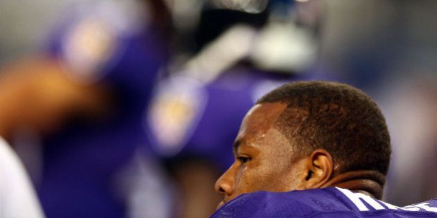 ARLINGTON, TX - AUGUST 16: Ray Rice #27 of the Baltimore Ravens sits on the bench against the Dallas Cowboys in the first half of their preseason game at AT&T Stadium on August 16, 2014 in Arlington, Texas. (Photo by Ronald Martinez/Getty Images)