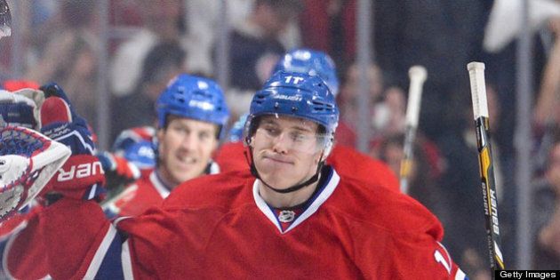 MONTREAL, CANADA - MAY 3: Brendan Gallagher #11 of the Montreal Canadiens celebrates a goal with teammates in Game Two of the Eastern Conference Quarterfinals during the 2013 NHL Stanley Cup Playoffs at the Bell Centre on May 3, 2013 in Montreal, Quebec, Canada. (Photo by Francois Lacasse/NHLI via Getty Images)