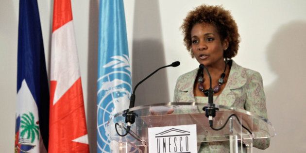 Canadian former Governor General Michaelle Jean during her speech after receiving the certificate of special UNESCO envoy to Haiti, in Paris, Monday Nov. 8, 2010. (AP Photo/Thibault Camus)