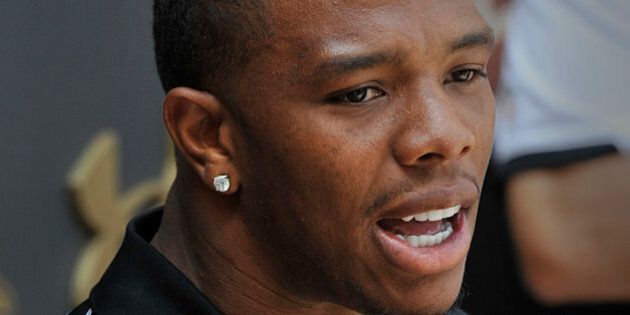 Baltimore Ravens running back Ray Rice answers question during a news conference after NFL football training camp, Thursday, July 31, 2014, in Owings Mills, Md.(AP Photo/Gail Burton)