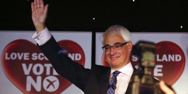 Alistair Darling, former U.K. chancellor of the exchequer and leader of the anti-independence Better Together campaign, gestures before addressing fellow campaigners after their 'no' win in the Scottish independence referendum, in Glasgow, U.K., on Friday, Sept. 19, 2014. Scotland voted to remain in the U.K. after an independence referendum that put the future of the 307-year-old union on a knife edge and risked years of political and financial turmoil. Photographer: Chris Ratcliffe/Bloomberg via Getty Images