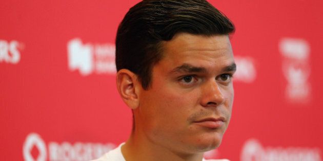 TORONTO, ON - AUGUST 04: Milos Raonic of Canada talks with the media at Rexall Centre at York University on August 4, 2014 in Toronto, Canada. (Photo by Ronald Martinez/Getty Images)