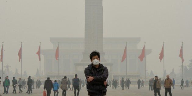 A Chinese tourist wears a face mask in Tiananmen Square as heavy air pollution continues to shroud Beijing on February 26, 2014. Beijing's official reading for PM 2.5, small airborne particles which easily penetrate the lungs and have been linked to hundreds of thousands of premature deaths, stood at 501 micrograms per cubic metre. AFP PHOTO/Mark RALSTON (Photo credit should read MARK RALSTON/AFP/Getty Images)