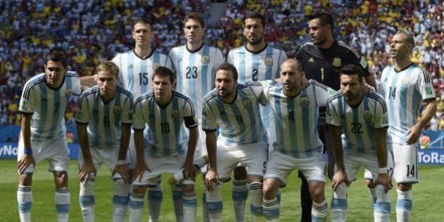 Argentina's national team (from top L) defender Martin Demichelis, defender Jose Maria Basanta, defender Ezequiel Garay, goalkeeper Sergio Romero, midfielder Javier Mascherano, (from bottom L) midfielder Angel Di Maria, midfielder Lucas Biglia, forward and captain Lionel Messi, forward Gonzalo Higuain, defender Pablo Zabaleta and forward Ezequiel Lavezzi pose before a quarter-final football match between Argentina and Belgium at the Mane Garrincha National Stadium in Brasilia during the 2014 FIFA World Cup on July 5, 2014. AFP PHOTO / JUAN MABROMATA (Photo credit should read JUAN MABROMATA/AFP/Getty Images)