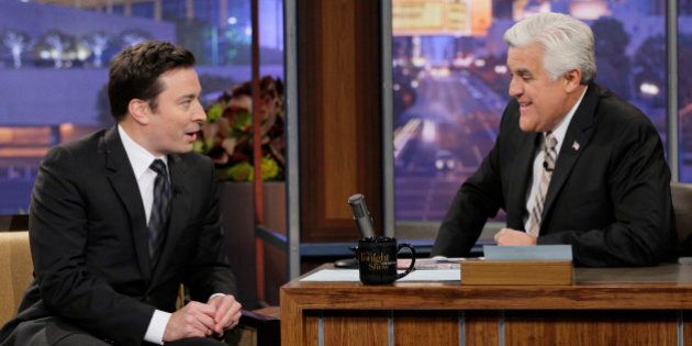 THE TONIGHT SHOW WITH JAY LENO -- Episode 4607 -- Pictured: (l-r) Jimmy Fallon during an interview with host Jay Leno on February 3, 2014 -- (Photo by: Chris Haston/NBC/NBCU Photo Bank via Getty Images)
