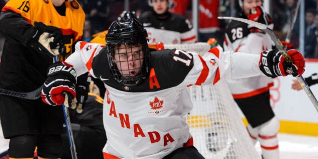 MONTREAL, QC - DECEMBER 27: Connor McDavid #17 of Team Canada celebrates his goal during the 2015 IIHF World Junior Hockey Championship game against Team Germany at the Bell Centre on December 27, 2014 in Montreal, Quebec, Canada. (Photo by Minas Panagiotakis/Getty Images)