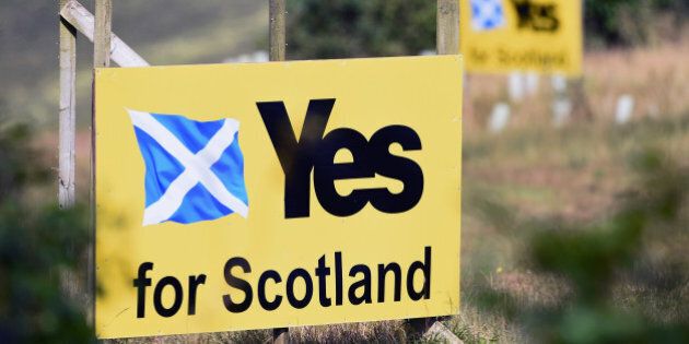 FENWICK, SCOTLAND - AUGUST 26: Yes campaign placards are placed in a field on August 26, 2014 in Fenwick, Scotland. In less than a month voters will go to the polls to vote yes or no on whether Scotland should become an independent country. (Photo by Jeff J Mitchell/Getty Images)