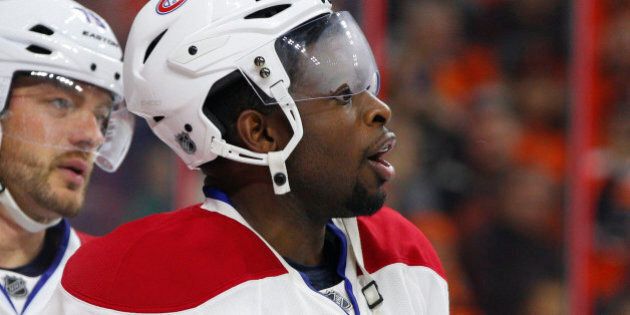 Montreal Canadiens' P.K. Subban looks on during the second period of an NHL hockey game against the Philadelphia Flyers, Saturday, Oct. 11, 2014, in Philadelphia. The Canadians won 4-3 in the shootout. (AP Photo/Chris Szagola)