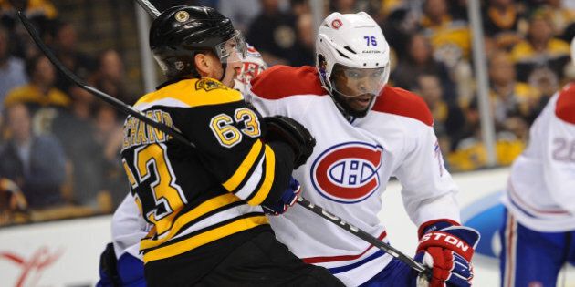 BOSTON, MA - MAY 1: P.K. Subban #76 of the Montreal Canadiens skates against Brad Marchand #63 of the Boston Bruins in Game One of the Second Round of the 2014 Stanley Cup Playoffs at TD Garden on May 1, 2014 in Boston, Massachusetts. (Photo by Brian Babineau/NHLI via Getty Images)