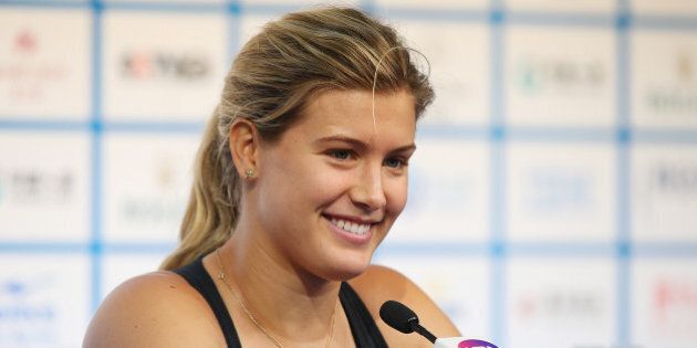 BEIJING, CHINA - SEPTEMBER 29: Eugenie Bouchard of Canada speaks to media during a press conference on day three of the China Open at the China National Tennis Center on September 29, 2014 in Beijing, China. (Photo by Chris Hyde/Getty Images)