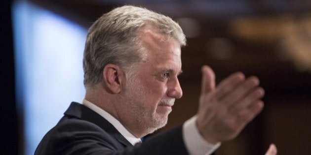 Quebec Liberal leader, Philippe Couillard(C), addresses the Board of Trade of Metropolitan Montreal April 1, 2014 in Montreal, Canada. The elections are scheduled for April 7, 2014. AFP PHOTO/Francois Laplante Delagrave (Photo credit should read Francois Laplante Delagrave/AFP/Getty Images)