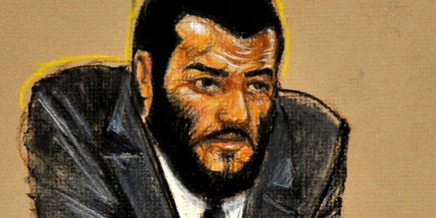 In this photo of a sketch by courtroom artist Janet Hamlin and reviewed by the U.S. Department of Defense, Canadian Omar Khadr is seen on the third day of his sentence trial at Camp Justice on Guantanamo Bay U.S. Naval Base in Cuba, Wednesday Oct. 27, 2010. Khadr, who was 15 when captured by the U.S. after a fierce firefight in Afghanistan in 2002, pleaded guilty Monday to five war crimes charges as part of a plea deal that spared him from a possible life sentence and calls for sending him back to Canada after one more year in Guantanamo. (AP Photo/Janet Hamlin, Pool)