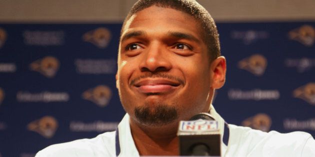 EARTH CITY, MO - MAY 13: St. Louis Rams draft pick Michael Sam addresses the media during a press conference at Rams Park on May 13, 2014 in Earth City, Missouri. (Photo by Dilip Vishwanat/Getty Images)