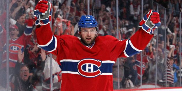 MONTREAL, QC - MAY 12: Thomas Vanek #20 of the Montreal Canadiens celebrates his second-period goal against the Boston Bruins in Game Six of the Second Round of the 2014 NHL Stanley Cup Playoffs at the Bell Centre on May 12, 2014 in Montreal, Quebec, Canada. (Photo by Francois Laplante/Freestyle Photography/Getty Images)