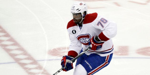 Montreal Canadiens' P.K. Subban (76) skates against the Pittsburgh Penguins during the third period of an NHL hockey game in Pittsburgh Saturday, Jan. 3, 2015.(AP Photo/Tom E. Puskar)