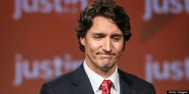 TORONTO, ON - APRIL 6: Justin Trudeau holds his hand to his heart as he walks off stage at the federal Liberal showcase at the Metro Toronto Convention Centre. (David Cooper/Toronto Star via Getty Images)