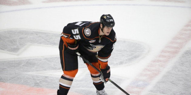 Anaheim Ducks' Bryan Allen looks on during the first period in Game 1 of the first-round NHL hockey Stanley Cup playoff series against the Dallas Stars on Wednesday, April 16, 2014, in Anaheim, Calif. (AP Photo/Jae C. Hong)