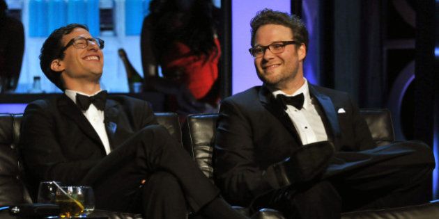 CULVER CITY, CA - AUGUST 25: (L-R) Actors Andy Samberg and Seth Rogen onstage during The Comedy Central Roast Of James Franco at Culver Studios on August 25, 2013 in Culver City, California. The Comedy Central Roast Of James Franco will air on September 2 at 10:00 p.m. ET/PT. (Photo by Lester Cohen/WireImage)