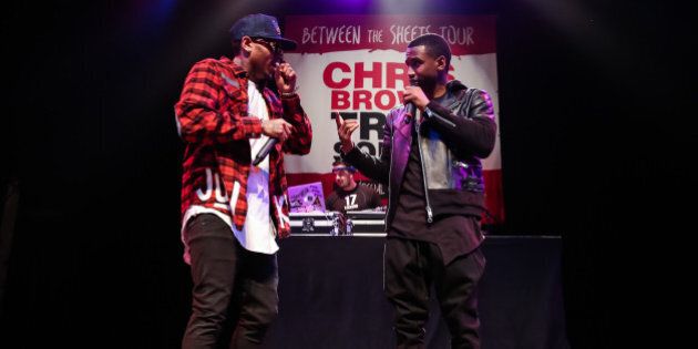 WEST HOLLYWOOD, CA - NOVEMBER 10: Singers Chris Brown (L) and Trey Songz attend a press conference at House of Blues Sunset Strip on November 10, 2014 in West Hollywood, California. (Photo by Chelsea Lauren/Getty Images)