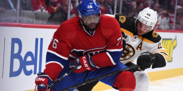 MONTREAL, QC - MAY 6: P.K. Subban #76 of the Montreal Canadiens makes a pass followed by David Krejci #46 of the Boston Bruins in Game Three of the Second Round of the 2014 Stanley Cup Playoffs at the Bell Centre on May 6, 2014 in Montreal, Quebec, Canada. (Photo by Francois Lacasse/NHLI via Getty Images)