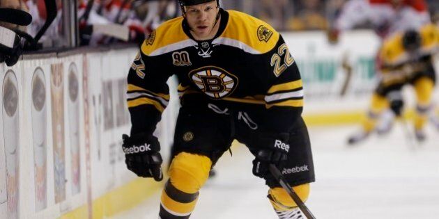 Boston Bruins right wing Shawn Thornton (22) during the first period of an NHL hockey game, Thursday, March 6, 2014, in Boston. (AP Photo/Charles Krupa)