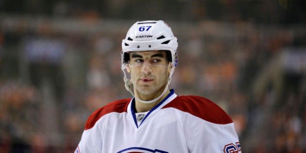 Montreal Canadiens' Max Pacioretty in action during an NHL hockey game against the Philadelphia Flyers, Wednesday, April 3, 2013, in Philadelphia. (AP Photo/Matt Slocum)