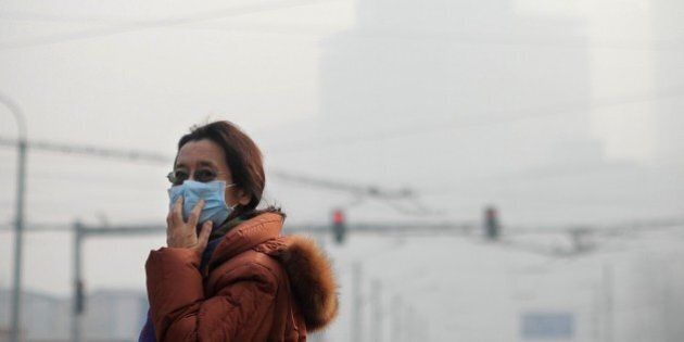 A woman wearing a face mask makes her way along a street in Beijing on January 16,2014. China's capital was shrouded in thick smog on January 16, cutting visibility down to a few hundred metres as a count of small particulate pollution reached more than 20 times recommended levels. AFP PHOTO / WANG ZHAO (Photo credit should read WANG ZHAO/AFP/Getty Images)