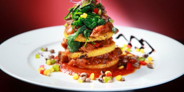 NEWTON, MA - APRIL 10: The polenta Napoleon, $12, at the Walnut Grille, a new restaurant in Newton that features vegetarian, vegan and gluten-free items. (Photo by Dina Rudick/The Boston Globe via Getty Images)