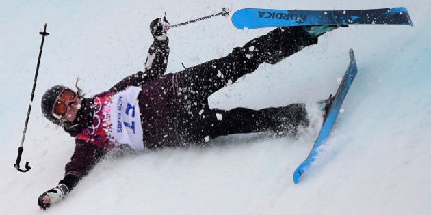 Austria's Philomena Bair falls in the Women's Freestyle Skiing Slopestyle qualification at the Rosa Khutor Extreme Park during the Sochi Winter Olympics on February 11, 2014. AFP PHOTO / JAVIER SORIANO (Photo credit should read JAVIER SORIANO/AFP/Getty Images)