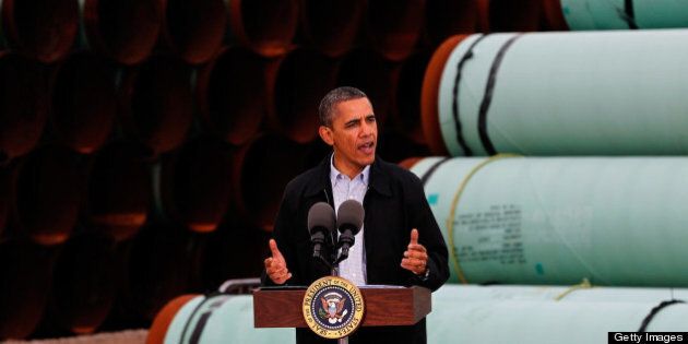 CUSHING, OK - MARCH 22: U.S. President Barack Obama speaks at the southern site of the Keystone XL pipeline on March 22, 2012 in Cushing, Oklahoma. Obama is pressing federal agencies to expedite the section of the Keystone XL pipeline between Oklahoma and the Gulf Coast. (Photo by Tom Pennington/Getty Images)