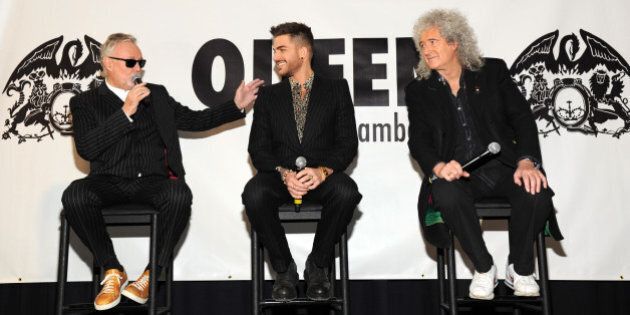 NEW YORK, NY - MARCH 06: Roger Taylor, Adam Lambert and Brian May during Queen (Brian May and Roger Taylor) + Adam Lambert North American tour announcement at Madison Square Garden on March 6, 2014 in New York City. The tour kicks off on June 19, 2014 in Chicago. (Photo by Kevin Mazur/WireImage)