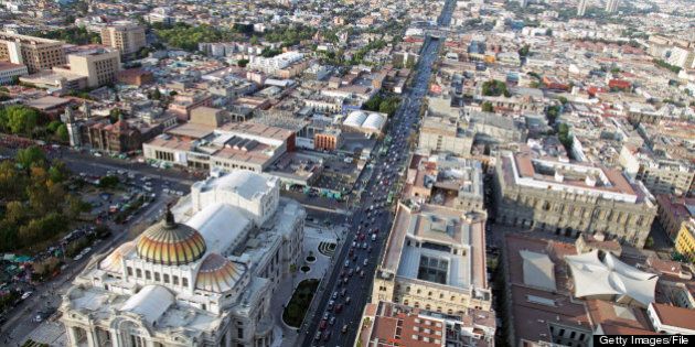 an aerial view of northern part of Mexico City and Palacio de Bellas Artes, Palace of Fine Arts - circa February 2011.