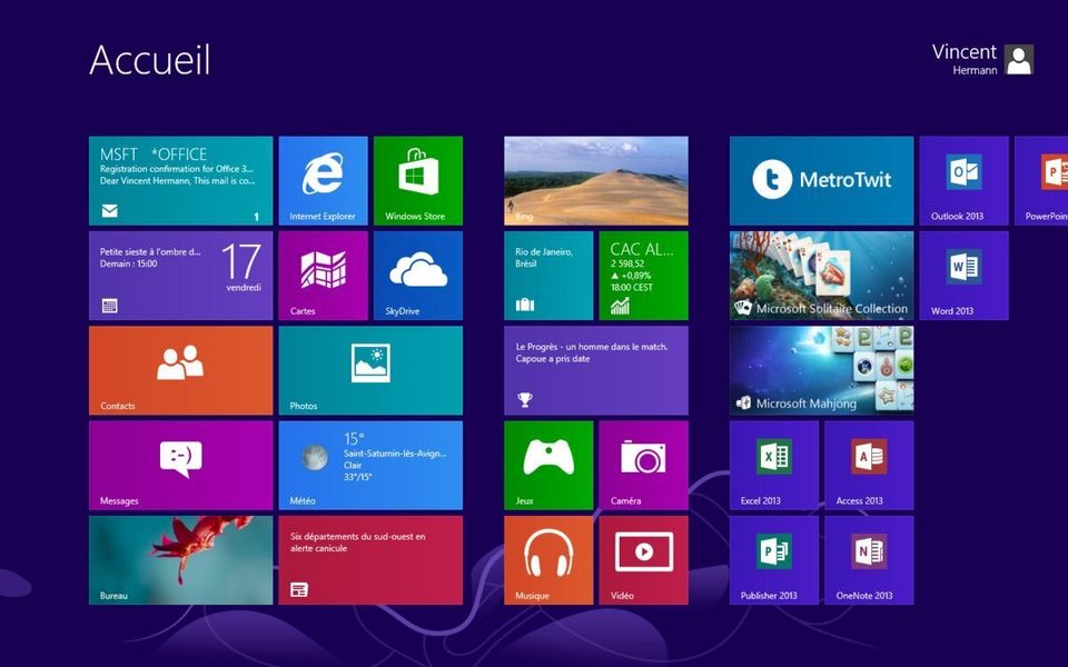 Ecran d'accueil de Windows 8