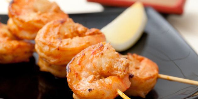 closeup of shrimp kebab and...