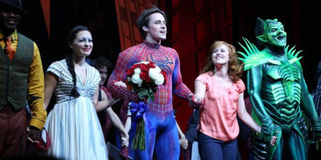 NEW YORK, NY - SEPTEMBER 15: (L-R) Christina DeCicco, Reeve Carney, Rebecca Faulkenberry and Robert Cuccioli at curtain call in Broadway's 'SPIDER-MAN Turn Off The Dark' at Foxwoods Theater on September 15, 2013 in New York City. (Photo by Rob Kim/Getty Images)