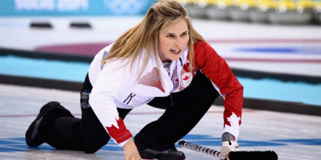 SOCHI, RUSSIA - FEBRUARY 20: Jennifer Jones of Canada in action during the Gold medal match between Sweden and Canada on day 13 of the Sochi 2014 Winter Olympics at Ice Cube Curling Center on February 20, 2014 in Sochi, Russia. (Photo by Clive Mason/Getty Images)