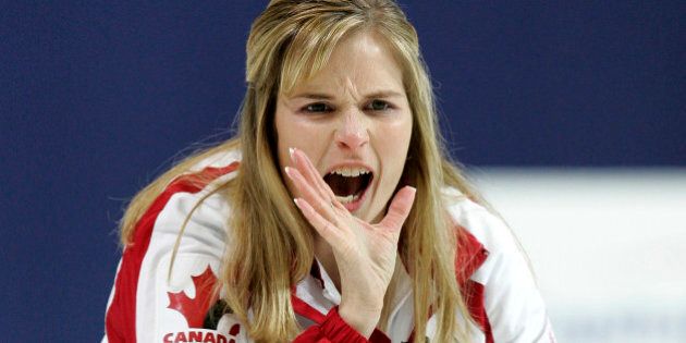 Canada's skip Jennifer Jones shouts instructions to her teammates during the World Women's Curling Championships game against Sweden in Gangneung, South Korea, Tuesday, March 24, 2009. (AP Photo/Ahn Young-joon)
