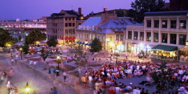 Canada, Quebec, Montreal, Place Jacques Cartier at dusk, elevated
