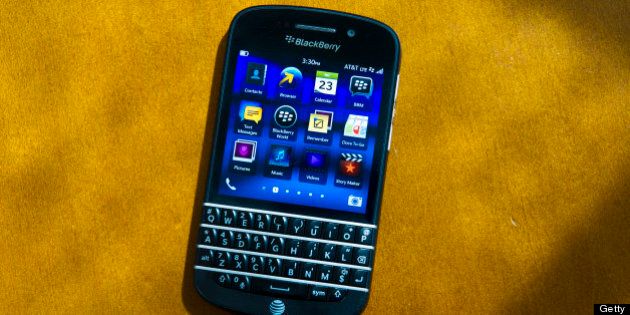 The new BlackBerry Q10 is displayed for a photograph in San Francisco, California, U.S., on Tuesday, April 23, 2013. The company says the Q10 will be in the U.S. by the end of May, at $249 for a model with 16 gigabytes of storage on a two-year contract; Verizon Wireless, AT&T, Sprint and T-Mobile will carry it. Photographer: David Paul Morris/Bloomberg via Getty Images