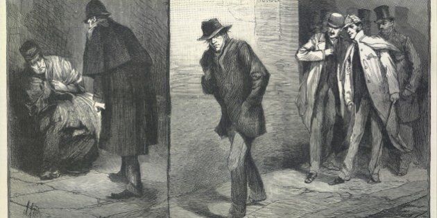 Suspicious characters 'With the vigilance commitee in the East End '. 'Homeless '. 'A suspicious character '. Illustrations made during the time of the Whitechapel or 'Jack the Ripper 'murders. Image taken from Illustrated London News. Originally published/produced in London 1888. (Photo by The British Library/Robana via Getty Images)