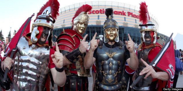 OTTAWA, CANADA - MAY 5: Fans dressed as gladiators cheer in front of Scotiabank Place prior to the game between the Ottawa Senators and Montreal Canadiens in Game Three of the Eastern Conference Quarterfinals during the 2013 NHL Stanley Cup Playoffs at Scotiabank Place on May 5, 2013 in Ottawa, Ontario, Canada. (Photo by Francois Laplante/NHLI via Getty Images)