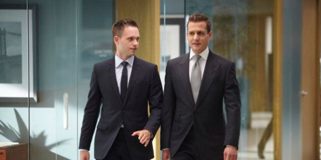 SUITS -- 'Bad Faith' Episode 309 -- Pictured: (l-r) Patrick J. Adams as Michael Ross, Gabriel Macht as Harvey Specter -- (Photo by: Ian Watson/USA Network)